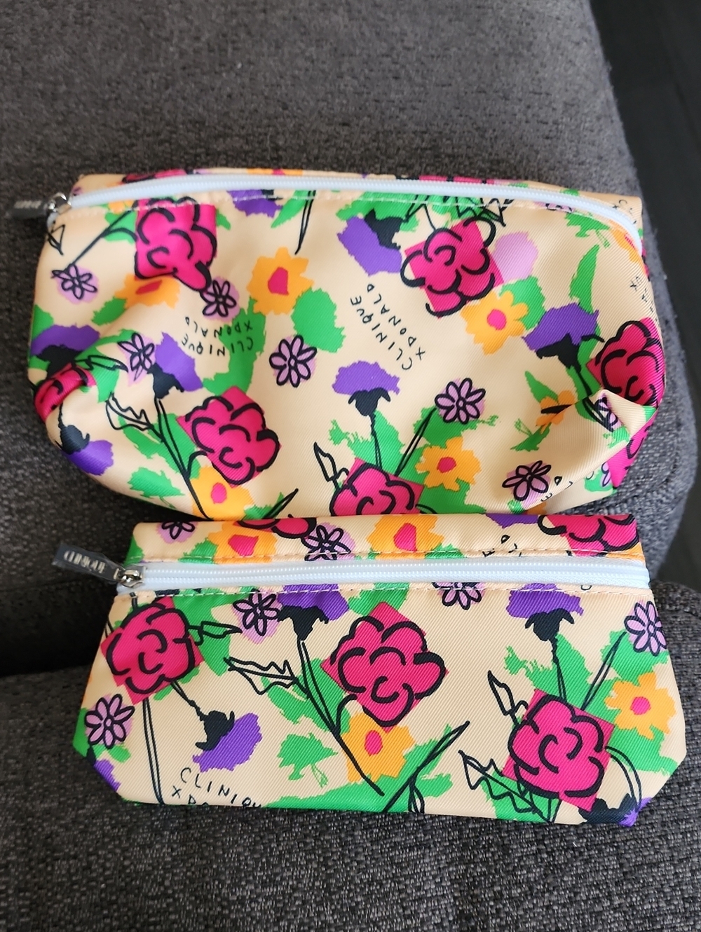 NWOT CLINIQUE xDONALD Cosmetic Pouches - Yellow with Pink & Green